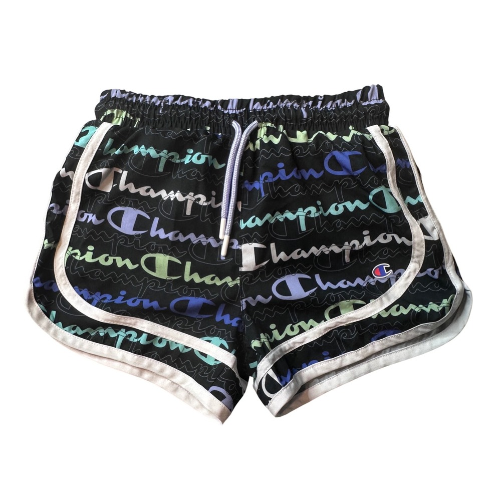 Champion Shorts Girls 7/8 Black Script Logo Print Dolphin Athletic Activewear